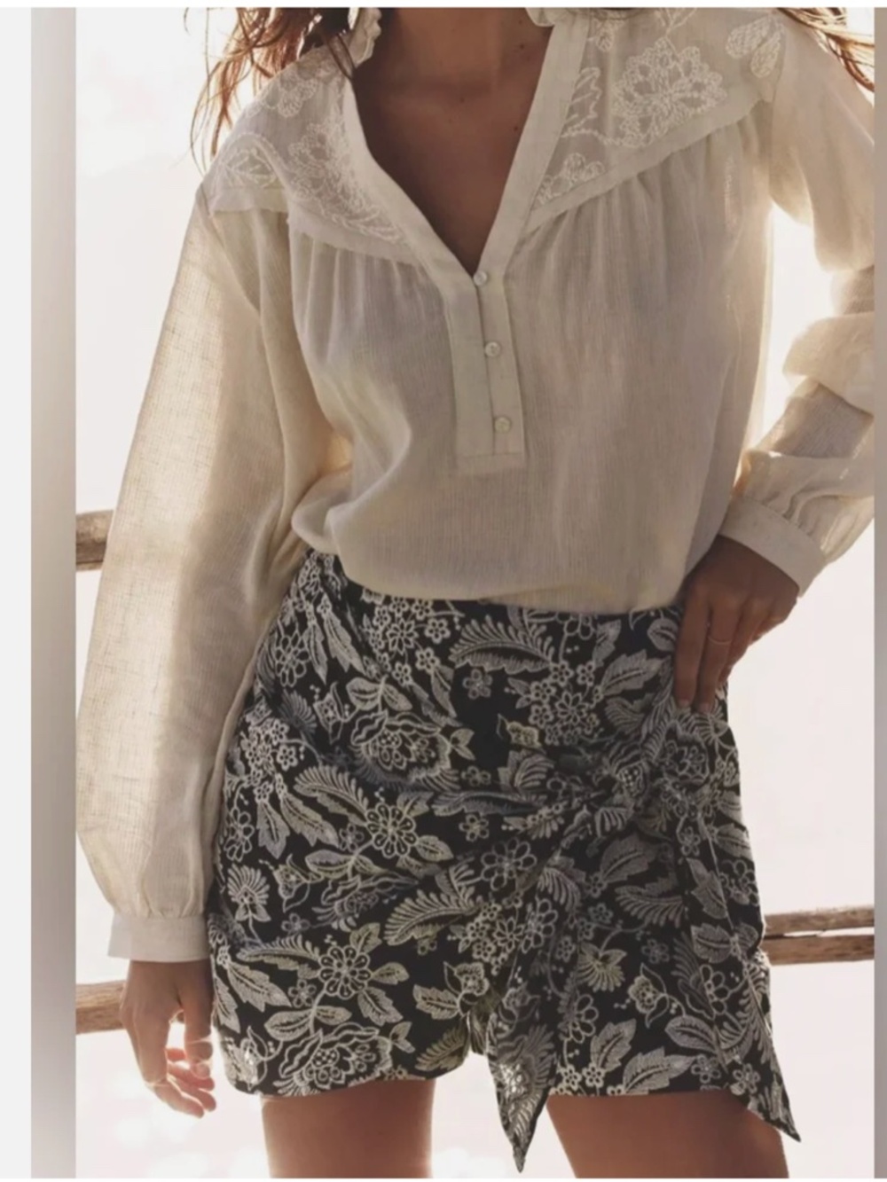 Zara Navy Ivory embroidery floral Mini knotted Skirt shorts skort women L NWT